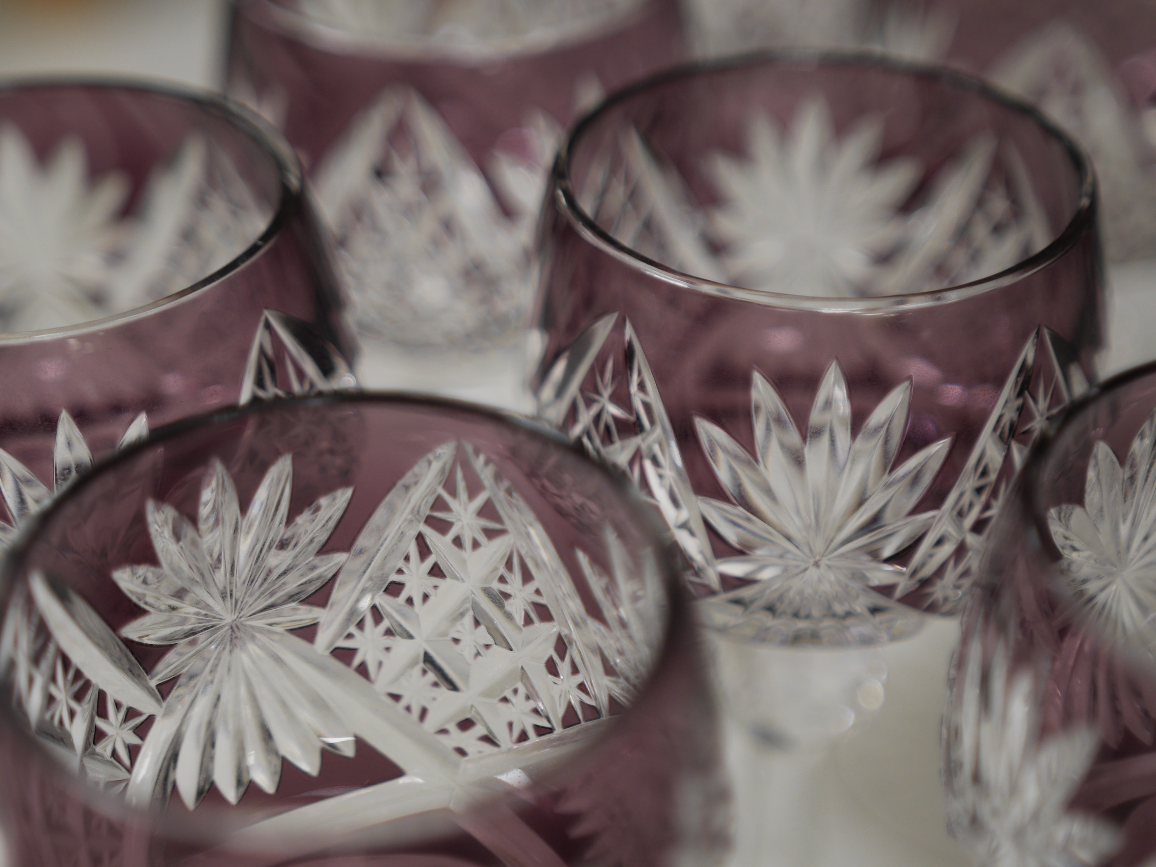 A set of amethyst flashed cut glass hock glasses, 19.5cm high. Condition - good